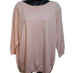 Worthington Shirt 1X Pastel Pink Knit Sweater Blouse Crochet Neckline Top